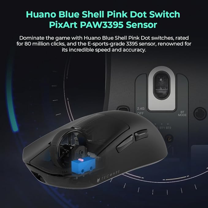 TECWARE EX1 Lightweight Gaming Mouse, 26K DPI Wireless Mouse, OLED Screen Display, 59g Lightweight, RGB Charging Dock, Tri-Mode Connectivity, Comes with PTFE Feet and Grip Tape, Gaming Mouse (Black)