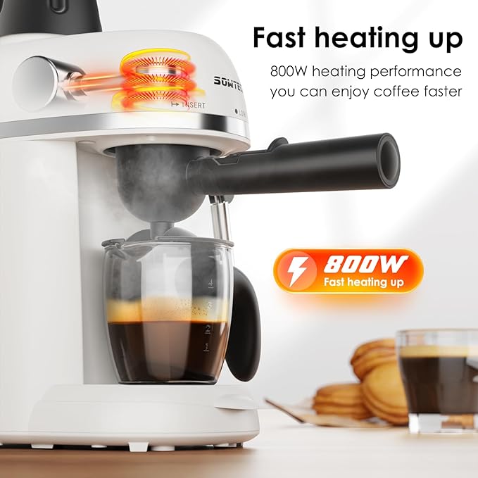 SOWTECH Coffee Machine, 3.5 Bar Espresso Cappuccino Machine with Milk Frother, 1-4 Cup Portable Coffee Maker for Latte, Cappuccino, 800W, White