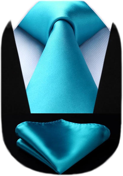 HISDERN Mens Solid Color Ties Formal Satin Necktie and Pocket Square Set Classic Wedding Business Tie & Handkerchief
