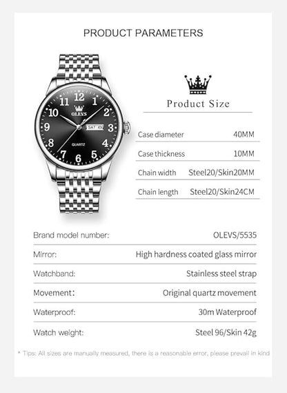 OLEVS Mens Watch Stainless Steel Analog Quartz Watches for Men Day Date Easy Read Diamond Waterproof Dress Luxury Classic Casual Big Face Blue/Black/Gold/Silver Roman Arabic Numerals Men's Wrist Watch