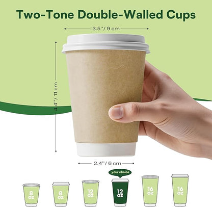 Paper Coffee Cups with Lids 12 oz Compostable Hot Cups,50 Pack Insulated Paper Cups with Lids, BPI Certified Natural Kraft To Go Coffee Cups Disposable for Office Coffee Bar Supplies Togo Travel Home