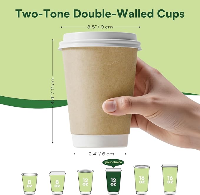 Compostable Coffee Cups with Lids 12 oz To Go Hot Cups,120 Pack Disposable Paper Cups with Lids, BPI Certified PLA Coated Natural Kraft Insulated Disposable Cups for Togo Office Coffee Bar Travel Home