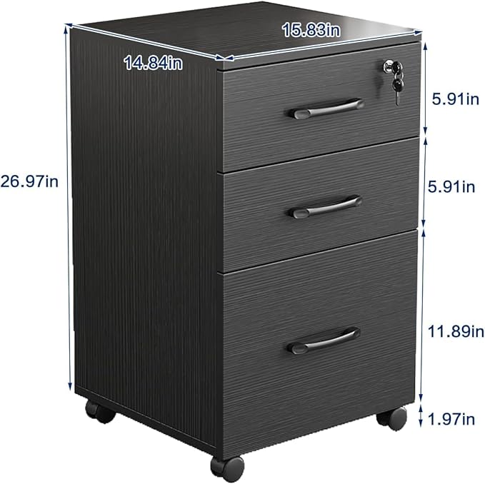 File Cabinet 3 Drawers with 1 Lock Wooden Rolling Mobile Filing Cabinet with Wheels for Home Office Under Desk File Cabinet Office Storage Cabinet, Black