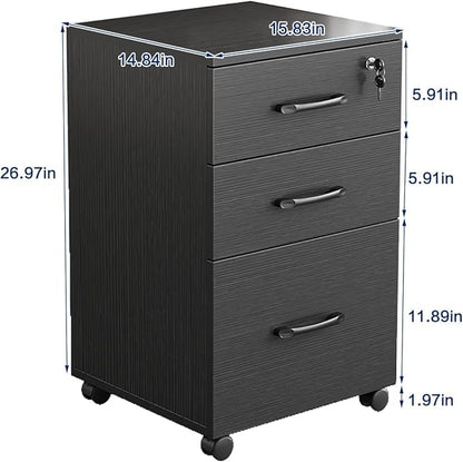 File Cabinet 3 Drawers with 1 Lock Wooden Rolling Mobile Filing Cabinet with Wheels for Home Office Under Desk File Cabinet Office Storage Cabinet, Black