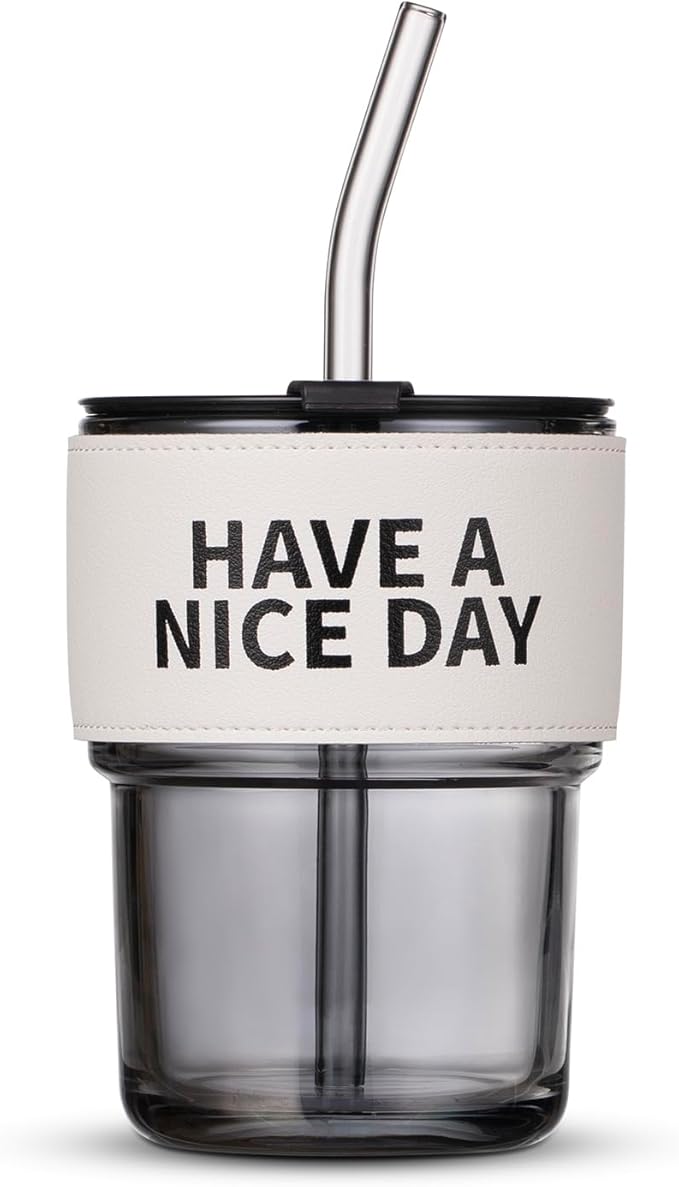 13oz/400ml Christmas Glass Water Tumbler with Straw and Lid Sealed Carry On Thick Wall Iced Coffee Cup Glass Cup for Water, Iced Tea Fruit Juice Etc (Have a nice day)