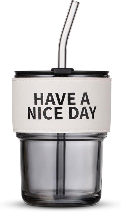 13oz/400ml Christmas Glass Water Tumbler with Straw and Lid Sealed Carry On Thick Wall Iced Coffee Cup Glass Cup for Water, Iced Tea Fruit Juice Etc (Have a nice day)
