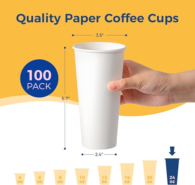 Fit Meal Prep 100 Pack 24 oz Disposable Paper Coffee Cups, Premium Hot Cups for Hot/Cold Beverage, Durable Thickened White Paper Cup Bulk for Party, Office, Bussines, Cafes, Bistros, Daily Use