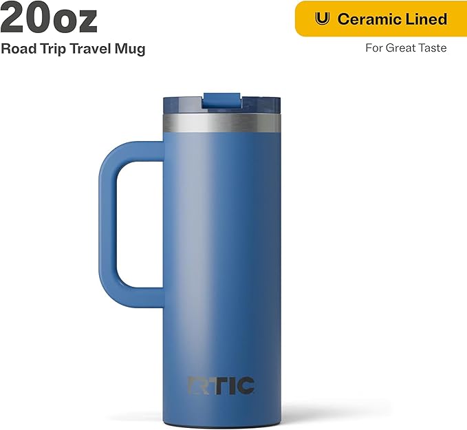 RTIC 20oz Road Trip Travel Mug with Lid and Handle, Ceramic Lined, Insulated, Stainless Steel, Metal, Double Wall Vacuum-Insulation, Portable Coffee, Tea Cup for Hot and Cold Drink, Pond