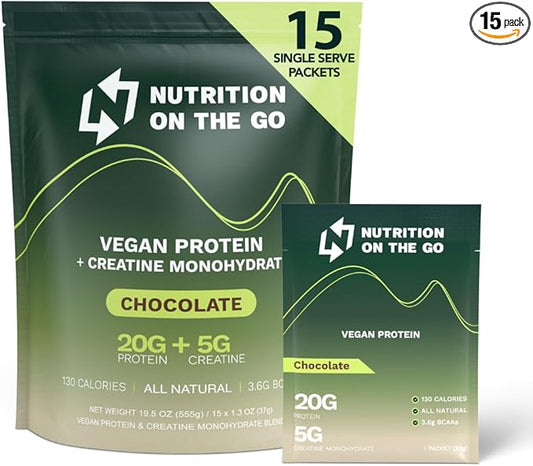 Nutrition On The Go Vegan Protein Powder Packets with Creatine – 20g Plant Proteins + 5g Creatine – Single-Serve Travel Protein Powder – All-Natural, Gluten-Free – Chocolate – (15-Pack)
