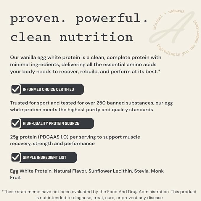 Anea Egg White Protein - Vanilla | 25g Protein | Cholesterol-Free | 5.2g BCAA | Complete Amino Acid Profile | Dairy-Free, Gluten-Free, Soy-Free | Smooth Vanilla Flavor | Made in GMP Facility