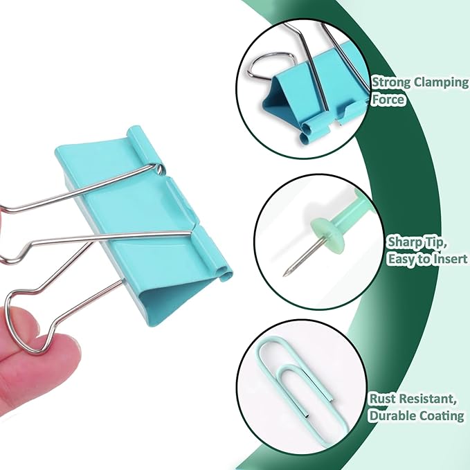 Paper Clips and Binder Clips Assorted Sizes, 240 PCS Colored Office Clips Set Large Medium Small Paper Clamps Paperclips Push Pin Thumb Tacks, College Supplies Home Office Supplies Document Organizing
