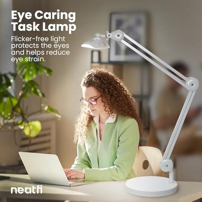 Neatfi XL LED Desk Lamp with Base, 2200 Lumens, 24W, 20-Inch Wide Head, Dimmable 4 Brightness Levels, Task Light for Home Office, Crafts, Workbench (Non-CCT, White)