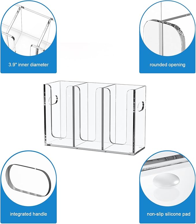 WINFFOR Disposable Cup Organizer Dispenser - 3 Compartments Clear Acrylic Cup and Lid Holder with Handles Plastic Cup Dispenser Countertop Paper Cup Holder for Coffee Bar House Party Essentials
