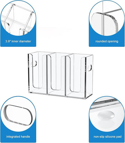 WINFFOR Disposable Cup Organizer Dispenser - 3 Compartments Clear Acrylic Cup and Lid Holder with Handles Plastic Cup Dispenser Countertop Paper Cup Holder for Coffee Bar House Party Essentials