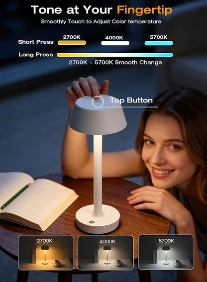 Cordless Rechargeable Table Lamp with Power Charger,Portable Touch LED Desk Lamp,5000mAh Battery Operated,2700K-5700K Tunable Dimmable for Bedroom,Outdoor Camping Bedside,White