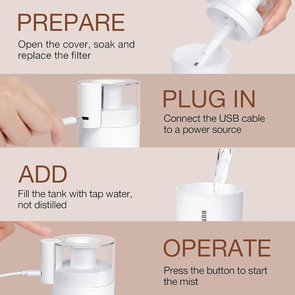 Portable Mini Humidifier, 180ml USB Cool Mist Small Humidifiers for Bedroom, Personal Desktop Humidification for Car Office Travel & Indoor Plants(White)