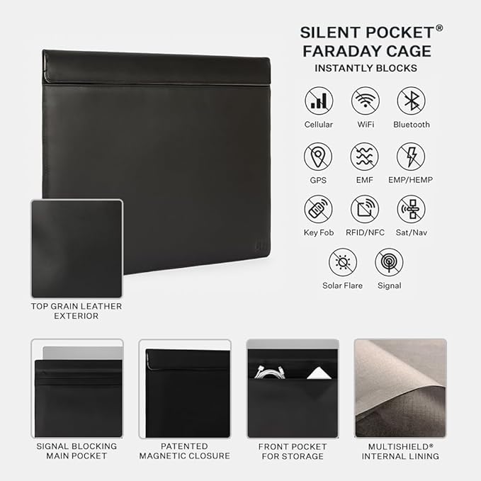SLNT Faraday Bag with Silent Pocket Technology - Leather Signal Blocking Device Sleeve for 13 inch and 15 inch Laptops and Tablets, Provides Instant Protection (Black Leather, 15 inch)