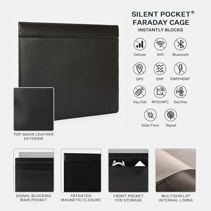 SLNT Faraday Bag with Silent Pocket Technology - Leather Signal Blocking Device Sleeve for 13 inch and 15 inch Laptops and Tablets, Provides Instant Protection (Black Leather, 15 inch)