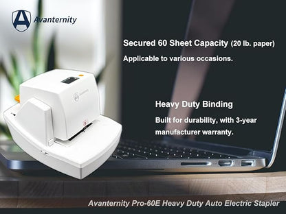 Avanternity's Pro-60E Heavy Duty Auto Electric Stapler (Value Kit + Extra 1 Staple Cartridge Pack) - Secured 60 Sheet Capacity, Includes 35,000 Staples