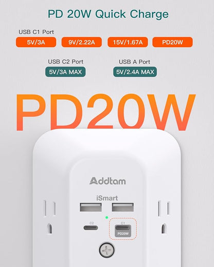 Addtam USB Wall Charger Surge Protector, 5 Outlet Extender with 4 USB Charging Ports 3 Sided 1800J Power Strip Multi Plug Outlets, Wall Adapter Spaced for Home Office, PD 20W