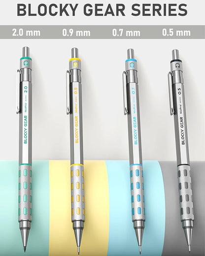 Nicpro Blocky Gear Art Mechanical Pencil Set with Case, 36PCS Metal Mechanical Pencils 0.5, 0.7, 0.9mm & 2mm Lead Holder for Drawing Sketching with 20 Tubes (6B 4B 2B HB 2H 4H Colors) Lead Refills