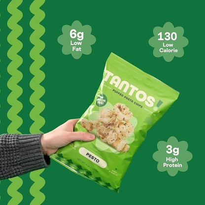 Tantos! Puffed Pasta Chips, Healthy Pasta Snack by Top Chef Joe Sasto, As Seen on Shark Tank, Plant Based, Low Calorie, Crunchy Chips, Variety Pack, Marinara, Pesto, Cacio e Pepe, Classico, Gourmet Bold Flavors, 1 oz 8 Pack of Pesto