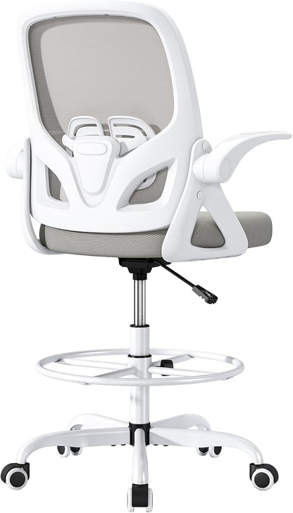 Tall Drafting Chair with Lumbar Support and Footrest Ring, Supportive Tall Extended Height Ergonomic Desk Chair for Home Work, Breathable Mesh Office Chair with Flip up Arms(Gray)