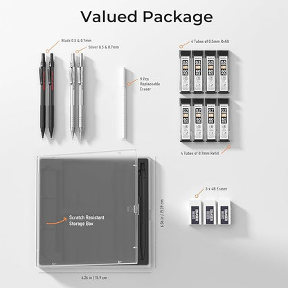 Nicpro 4 Pack Metal Mechanical Pencil Set 0.5 mm & 0.7mm with Case, Artist Pencil MP1000 with 8 Tubes HB & 2B Lead Refill, 3 Eraser, 9 Eraser Refill For Art Writing Drafting Drawing,Black & Silver