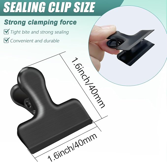 Bag Clips, 20 Pack Stainless Steel Chip Clips for Food, 1.6''(40mm) Small Food Clip Heavy Duty Snack Clamp Clip for Office Kitchen Home, Black