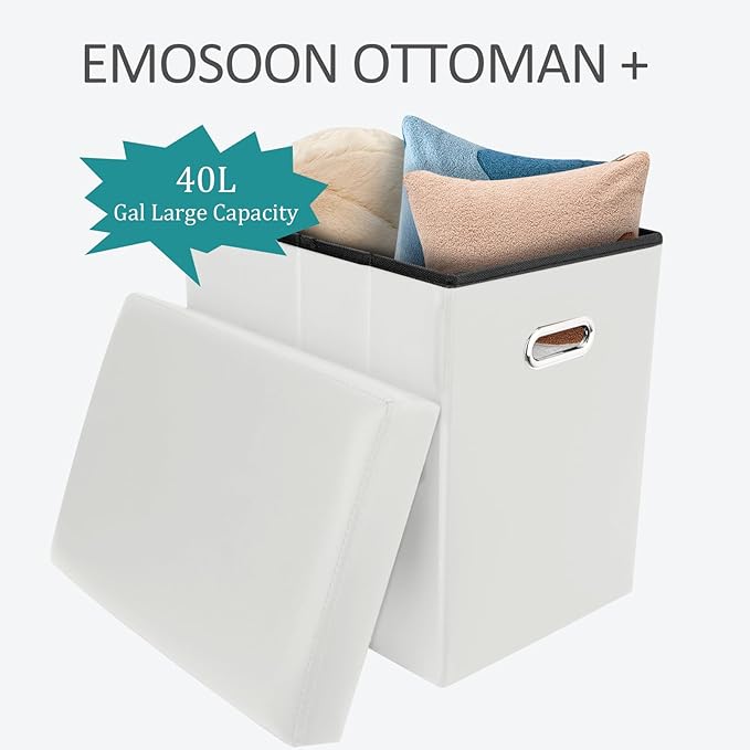 Tall Ottoman with Storage, Faux Leather Collapsible Slim Folding Ottoman Furniture with Handles Lid for Room Footrest Foot Stool, White 16.5x16.5x11.8in