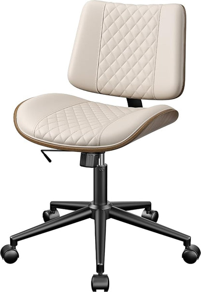 Armless Office Chair, Mid Century Modern Desk Chair with Walnut Wood Back & SGS Level 3 Gas Lift, Swivel PU Leather Computer Chair for Small Space, Home Office, Bedroom, 300lbs Cap, Beige