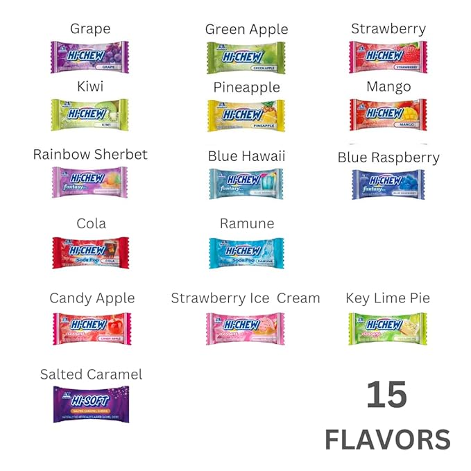HI-CHEW Variety Mix, Pack of 6 Bags Including Salted Caramel - 15 Flavor Assort Sweet and Sour Chewy Fun Soft Candy Variety Pack - Immensely Juicy Fruity Flavors - Individually Wrapped for Sharing