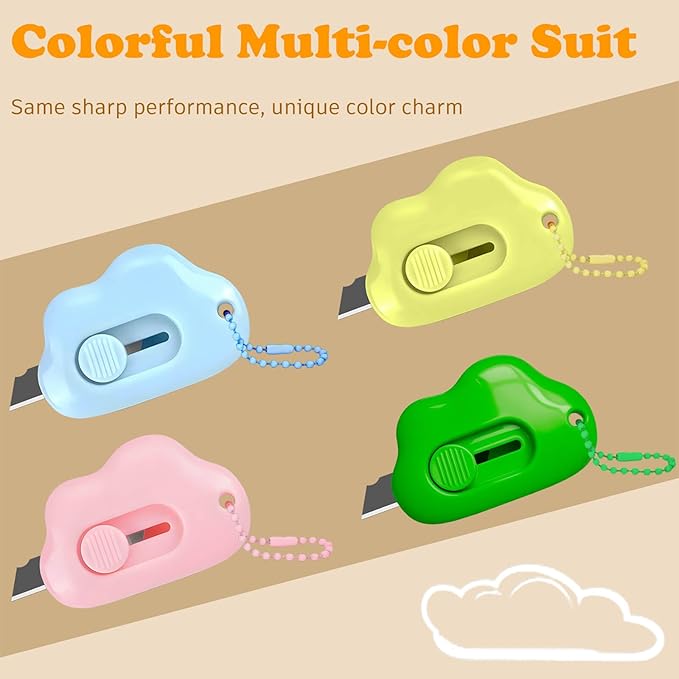 Cloud Retractable Box Cutter 4 Pack - With Key Rings,Safe Auto-Retract Design,Mini Paper Cutter for Box,Packages,Mail,Envelopes,Portable Keychain Letter Opener for Home,Office,Travel