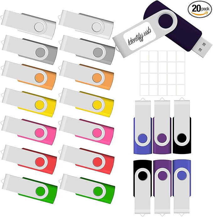 4GB USB Flash Drive 20 Pack JBOS Thumb Drives 4 GB USB Drives Memory Stick Swivel 4G Gig Stick USB2.0 Pen Drive for Date Storage, 4 Gig UBS Flash Drive, Zip Drive, Jump Drive, USB Stick, Mixed Color