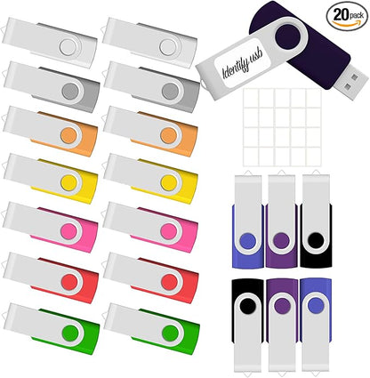 JBOS 8GB USB Flash Drive 20 Pack - 8GB USB Drives - Memory Stick - Swivel - USB2.0 - Pen Drive - Mixed Color