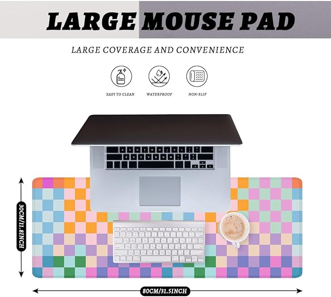 Colorful Plaid Desk Mat Cute Grid Red Blue Pink Yellow Large Gaming Mouse Mat with Stitched Edges,Non-Slip Waterproof Rubber Base Mous Mat 31.5"x11.8"