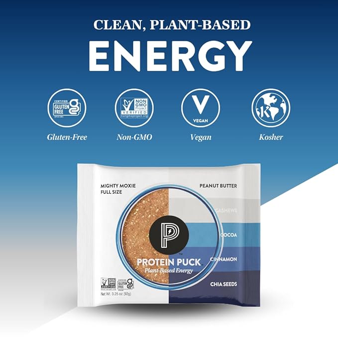 Protein Puck Plant Based Bars | Snacks with Vegan Protein | 16 Count | 3.25 oz Full Size | Gluten Free, Non Dairy, Kosher Certified Non GMO Premium Healthy Bars | Mighty Moxie