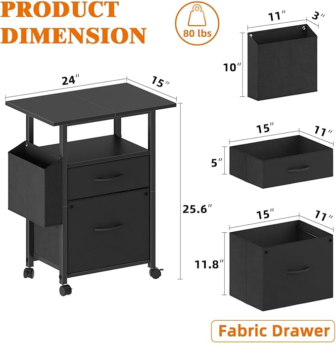 GYIIYUO 2 Drawer File Cabinet with 24'' Extended Desktop, Mobile Filing Cabinet, Rolling File Cabinet with Side Bag, Fabric Drawer, Fits A4 Size, Home Office, Black