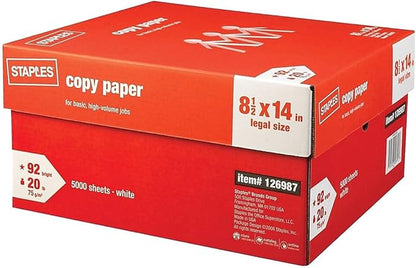 Staples 126987 8.5-Inch x 14-Inch Copy Paper 20 lbs. 92 Brightness 500/Ream 10 Reams/CT