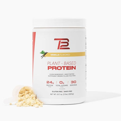 TB12 Plant Based Protein Powder by Tom Brady, 24g of Vegan Pea Protein, Low Sugar, Low Carb, Non-GMO, Meal Replacement, Keto Friendly, Paleo, Sugar Free, Vanilla Flavor (30 Servings/2.12lbs)