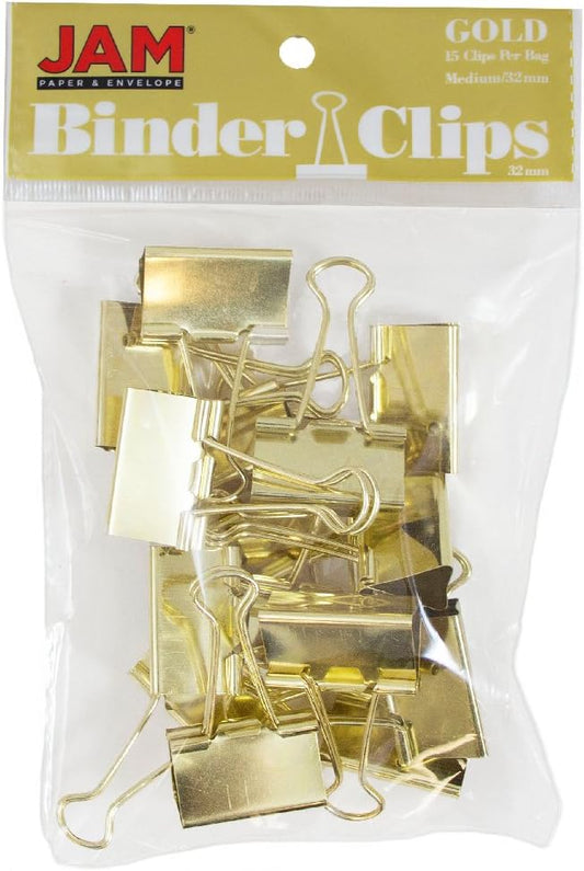 JAM PAPER Colorful Binder Clips - Medium - 1 1/4 Inch (32 mm) - Gold Binderclips - 15/Pack
