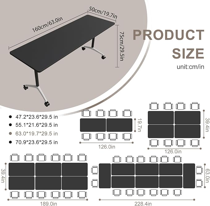 Folding Conference Table, Rectangular Conference Room Tables, Mobile Modular Training Table, Solid Steel Frame,Thickened Panel,for Offices,Meeting Room,Offices andSchools (4, Black, 63in)