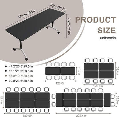 Folding Conference Table, Rectangular Conference Room Tables, Mobile Modular Training Table, Solid Steel Frame,Thickened Panel,for Offices,Meeting Room,Offices andSchools (4, Black, 63in)
