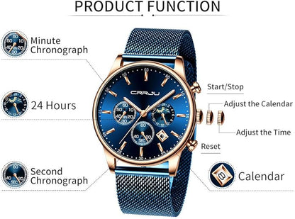 CRRJU Men's Fashion Casual Watches Auto Date Chronograph Watch Men Nice Work Watches Waterproof 30M Full Steel Quartz with Mesh Strap