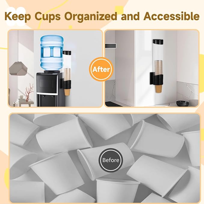 Wall-Mounted Disposable Cup Dispenser, Pull-Type Plastic Cup Holder with Adhesive, Screws & Adsorbent Plate for Water Cooler, Fits 7 oz–12 oz Cups for Home & Office Use