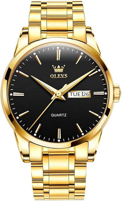 Men's Casual Stainless Steel Watch, Big Face Easy to Read Analog Quartz Watch with Day and Date, Classic Waterproof Diamond Roman Arabic Numerals Dial Dress Watch for Men, Gold Silver Black Band