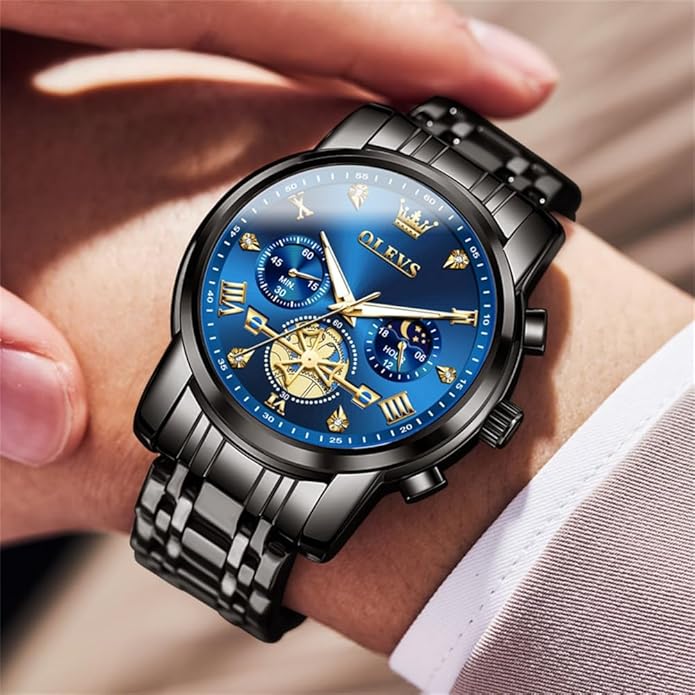 OLEVS Men Silver Watches,Men's Stainless Steel Chronograph Watch,Man Analog Quartz Big Face Male Watches Luxury Waterproof Roman Numeral Dress Diamond Relojes para Hombre