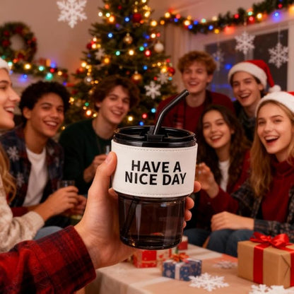 13oz/400ml Christmas Glass Water Tumbler with Straw and Lid Sealed Carry On Thick Wall Iced Coffee Cup Glass Cup for Water, Iced Tea Fruit Juice Etc (Have a nice day)