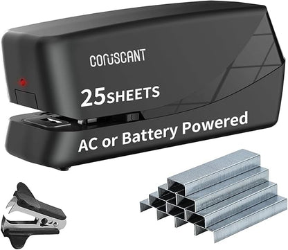 Coruscant Electric, Heavy Duty Automatic Stapler, 25 Sheet, Including 2000 Staples 1 Staple Remover, Desktop AC or Battery Powered for Professional Home Office Use, Black