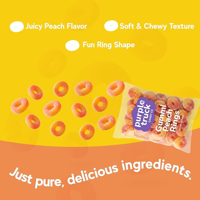 Purple Truck Candy Co. Peach Rings - Soft Chewy Gummy Candy with Delicious Peach Flavor - Allergen-Free Fruit Gummies - Perfect for Parties, Gift Baskets, Candy Buffets, Snacking & Sharing - 1 lb Bag